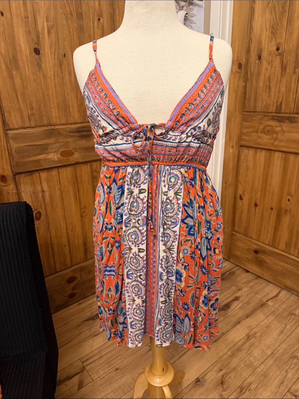 Angie Orange Multicolor Paisley Print Spaghetti Strap Mini Dress
